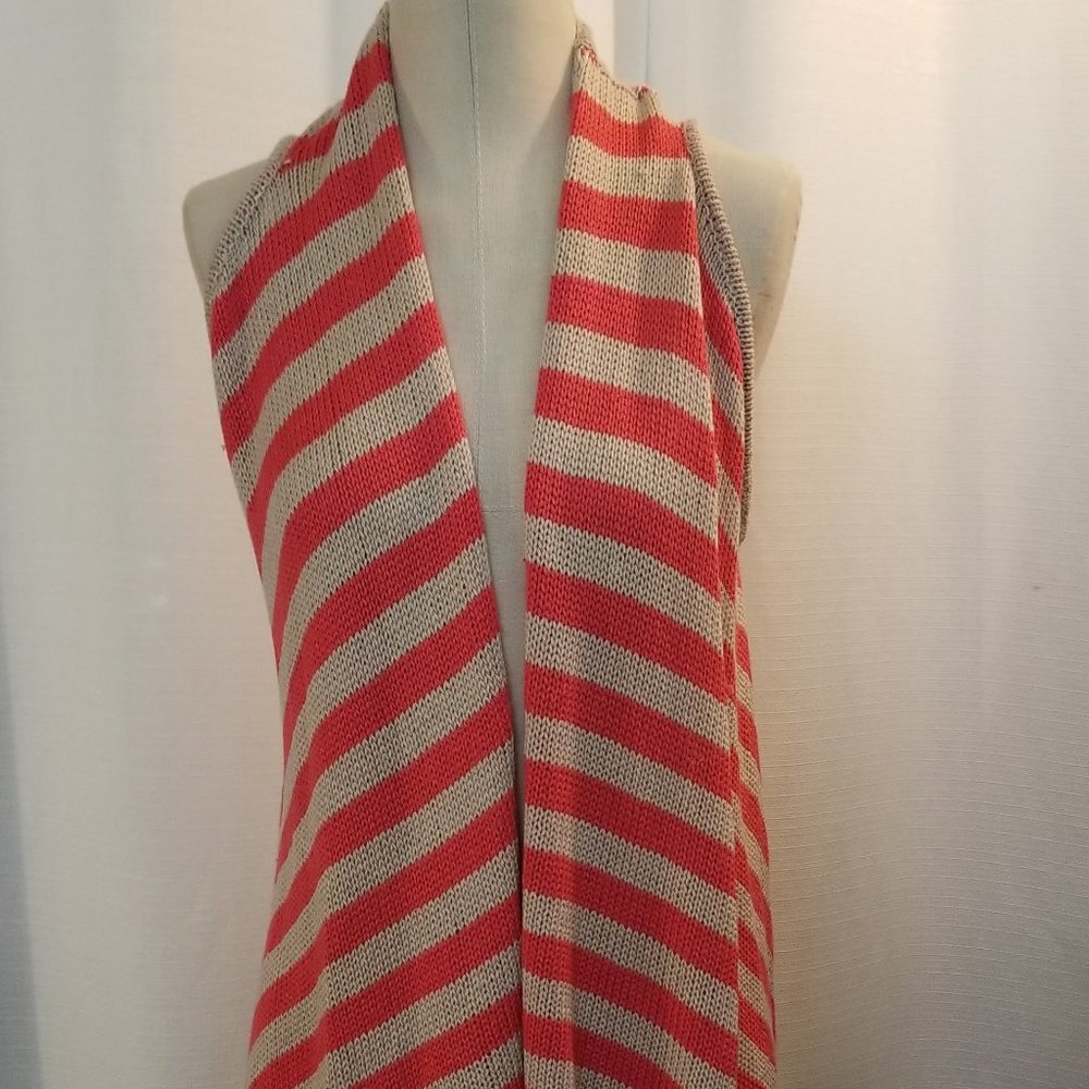 Orange Tan Striped Pattern Sleeveless Fringed Knit Vest M - Picture 2 of 6